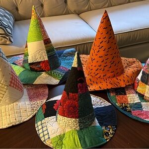 Vibrant Patchwork and Bat Print Witch Hats